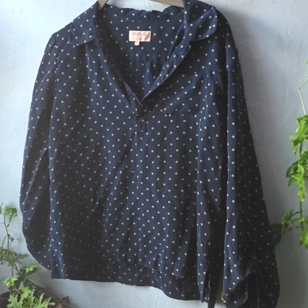 Madras x A.P.C. Silk Popover Blouse Blue Tan Dot sz M